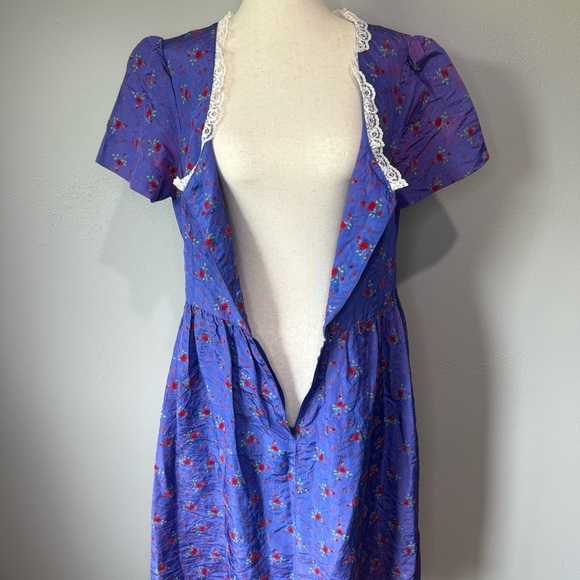 Vintage 80s/90s Purple Floral Dress with Lace Collar - Size Small/Medium - Picture 5 of 8